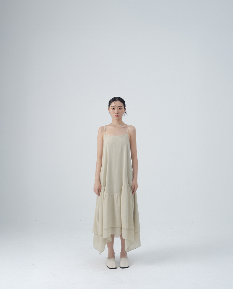 Simple jacquard irregular-cut spaghetti strap long dress - green【01087312】in stock+pre-order