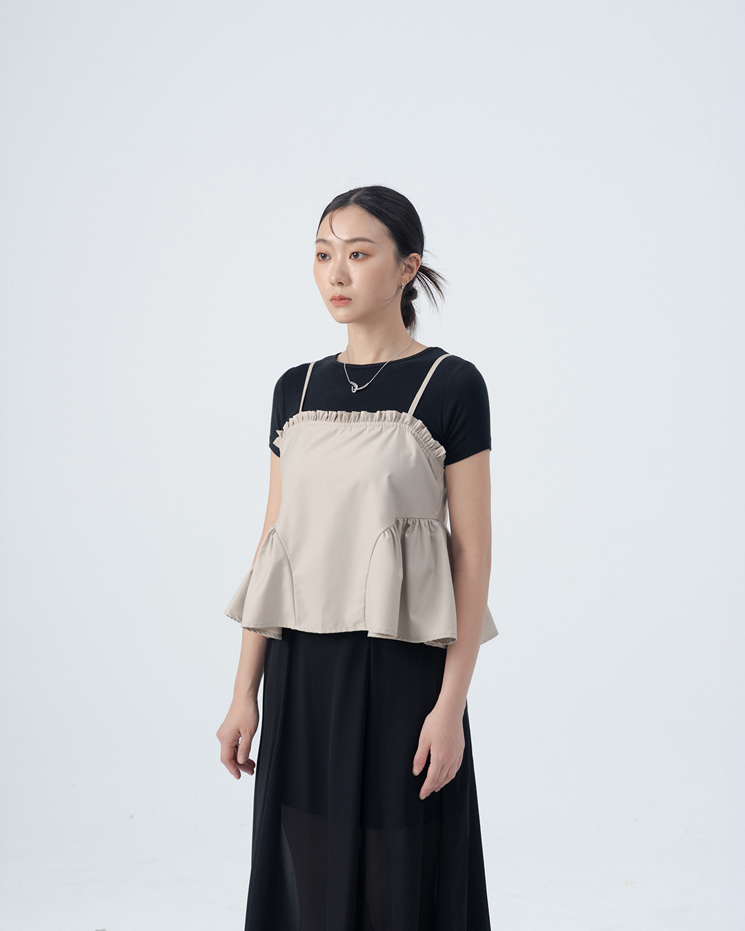 Ruffled hem, spaghetti strap blouse/vest - khaki【01099557】in stock+pre-order