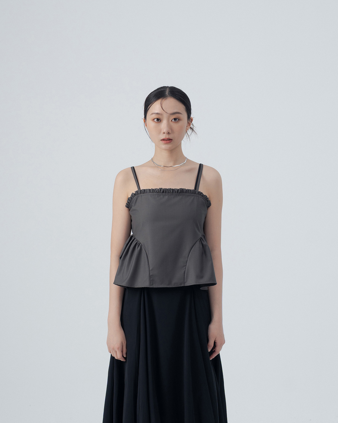Lotus leaf-patterned, umbrella-hemmed, spaghetti-strap blouse/vest - Dark Gray【01099558】in stock+pre-order