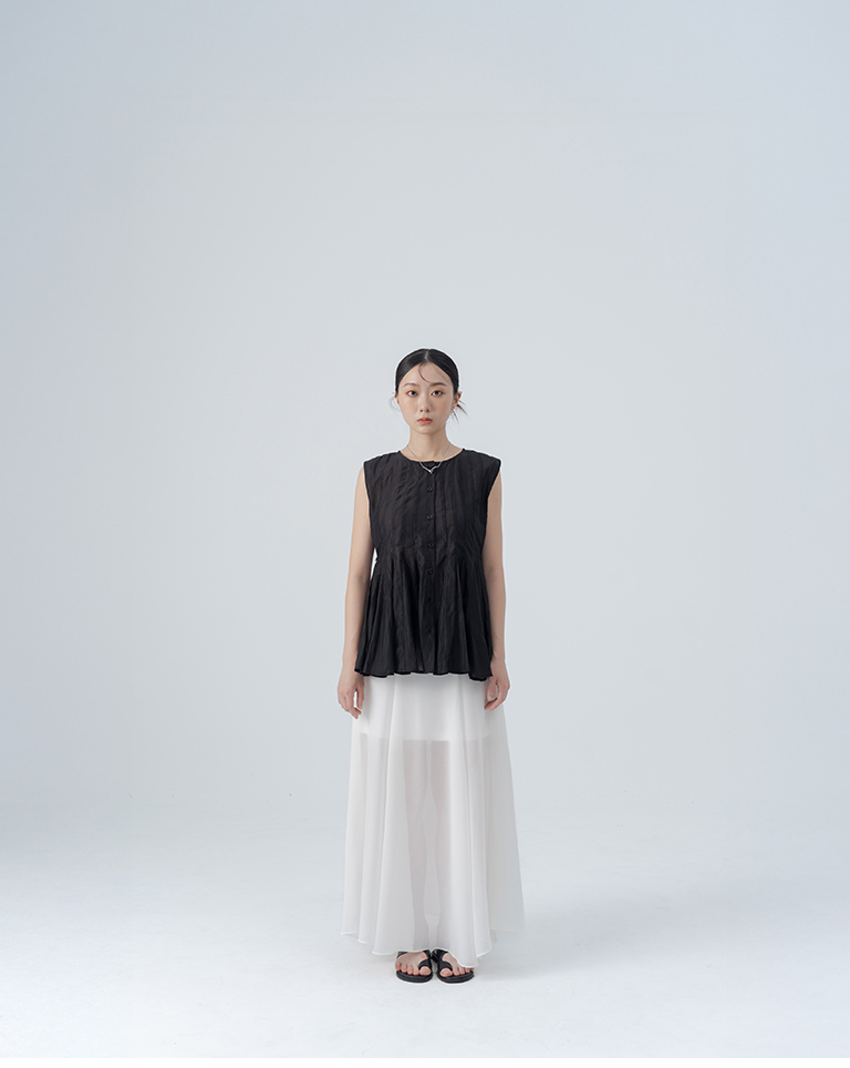 3D pleated umbrella-shaped waist-cinching button-down vest - Black【01099598】in stock+pre-order