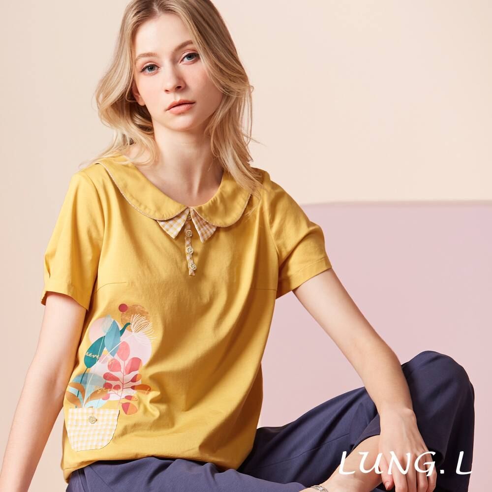 [TW] LUNG.L YELLOW PLAID BOW TIE DESIGN ILLUSTRATION PRINT SHORT-SLEEVE WOMEN'S TOP, LU74A-33 (TLL39)