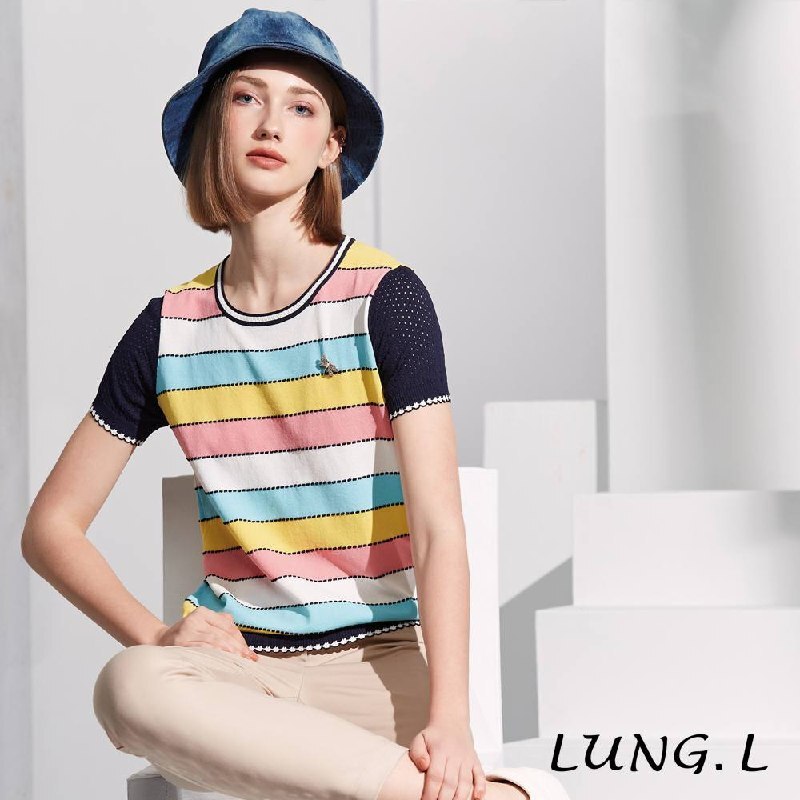 [TW] LUNG.L PINK STRIPED WOMEN'S SHORT-SLEEVE KNIT TOP, L852A-08 (TLL43)