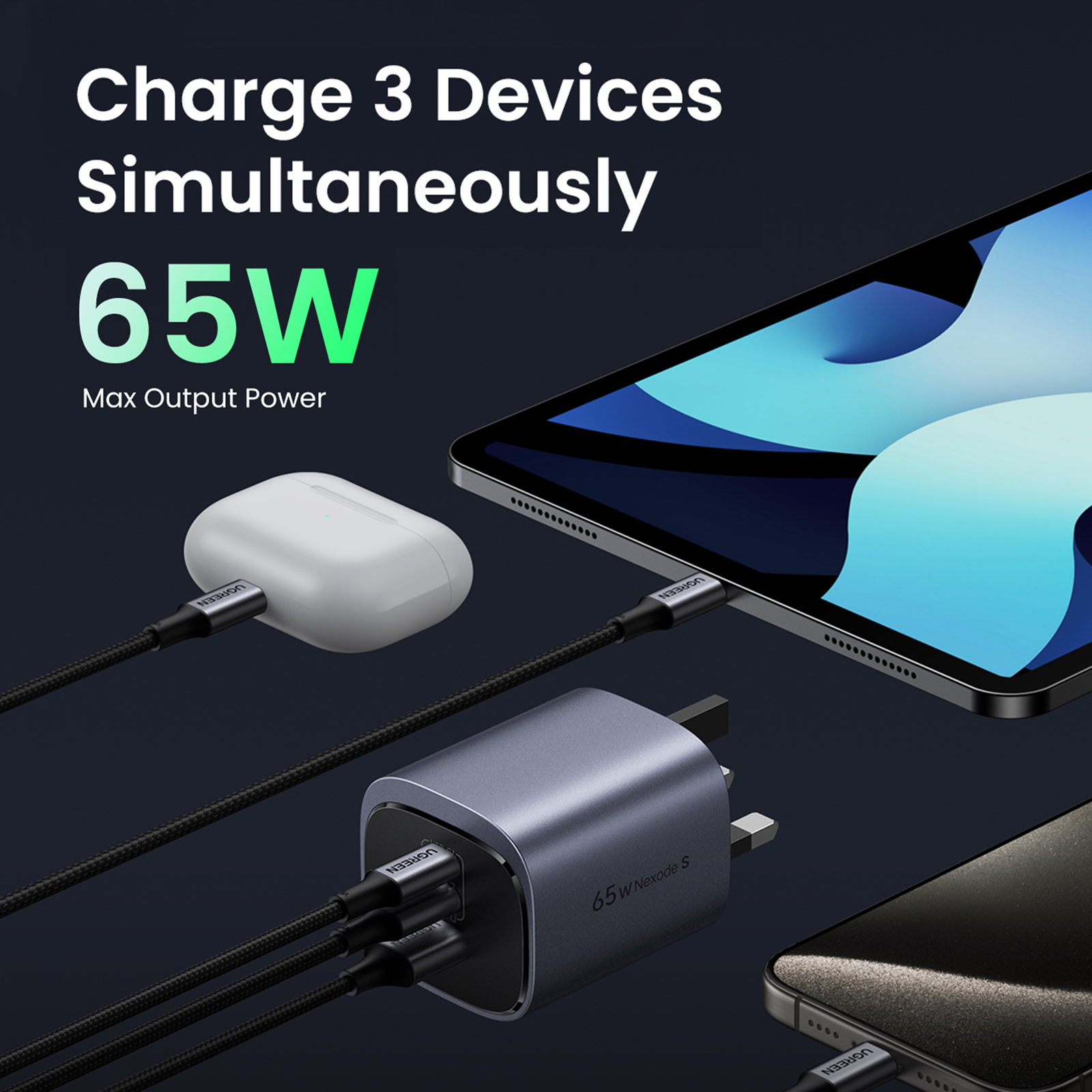 UGREEN 65W 3-Port 2C1A New GaN II Fast Charging Plug (X553-45225) (UK Plug)