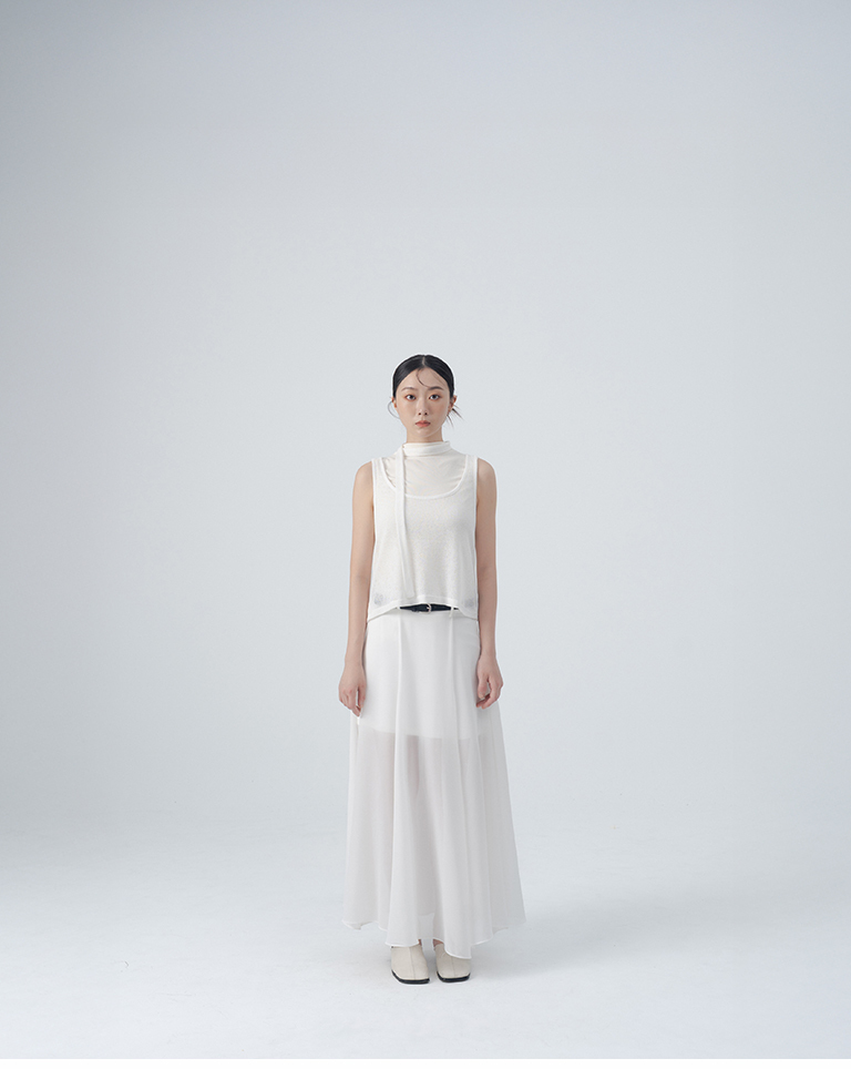 Sheer mesh maxi skirt with belt - white S/M/L【03021745】in stock+pre-order