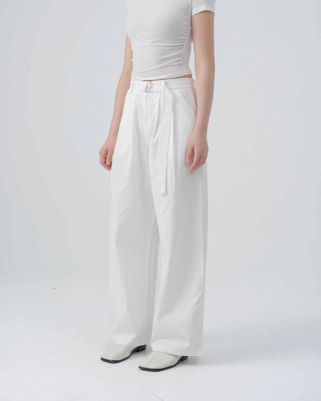 Simple belted pleated floor-length trousers - white S/M【04102056】in stock+pre-order