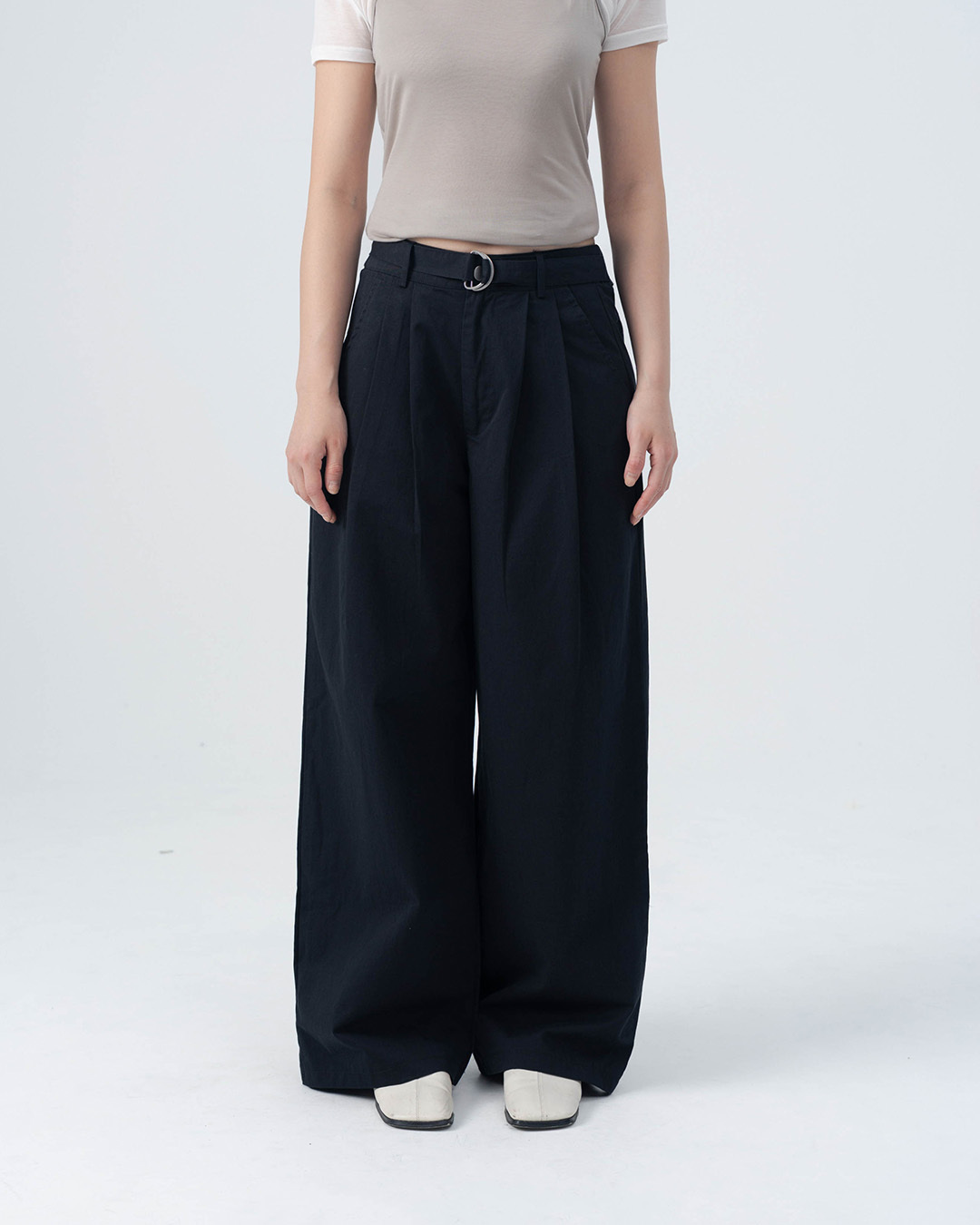 Simple belted pleated floor-length trousers - black S/M【04102057】in stock+pre-order