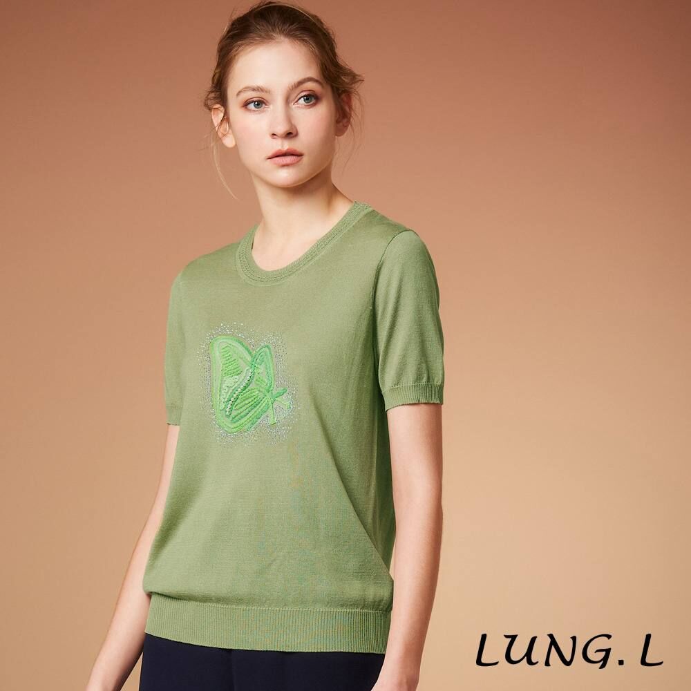 [TW] LUNG.L GREEN EMBROIDERED RHINESTONE-PLATED SHORT-SLEEVE WOMEN'S KNITWEAR, L850A-45 (TLL47)