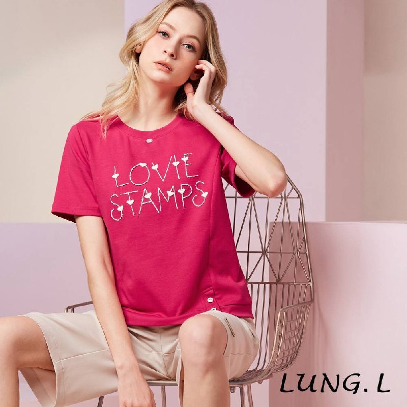 [TW] LUNG.L PEACH PINK HEART AND LETTER EMBROIDERED SHORT-SLEEVE WOMEN'S TOP, LW55A-16 (TLL50)