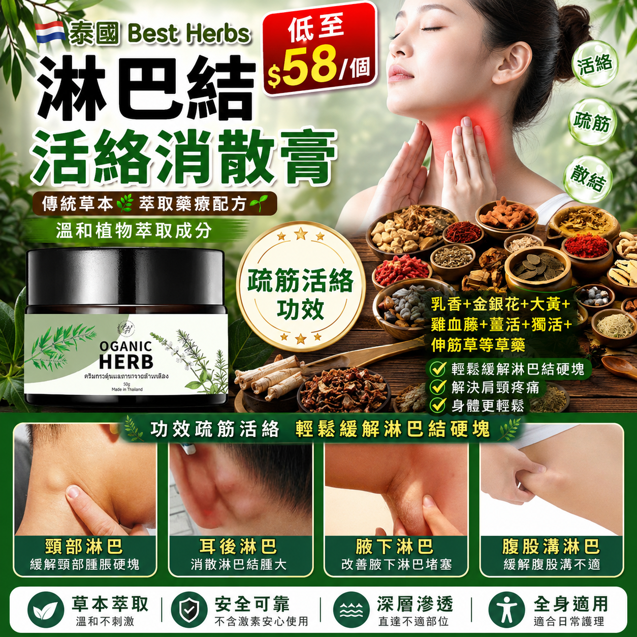 【UB9648】泰國Best Herbs淋巴結活絡清散膏 30g