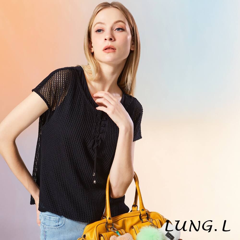 [TW] LUNG.L BLACK FAUX TWO-PIECE HOLLOW-OUT KNITTED TIE SHORT-SLEEVE WOMEN'S TOP, LU41A-08 (TLL52)