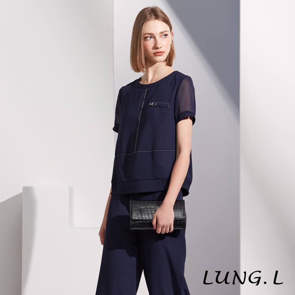 [TW] LUNG.L BLUE THICK CHIFFON SHORT-SLEEVE WOMEN'S TOP WITH WHITE QUILTING, LR85A-50 (TLL58)