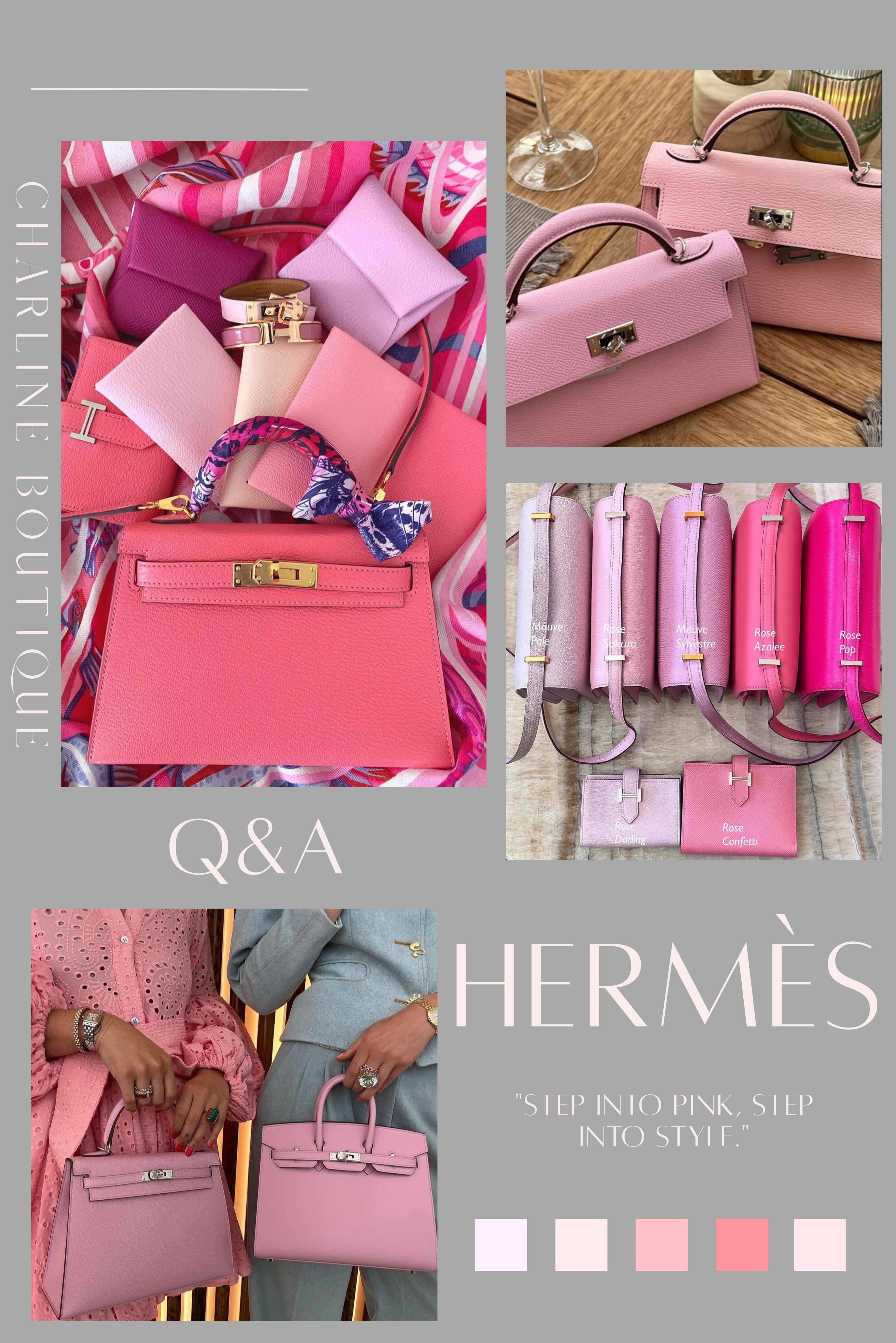 FAQ｜Hermès 粉色系選購 10 大常見問題    Q1：Hermès 粉色系有哪些熱門色號？  5P Pink 經典原色——飽和度適中，藏家圈公認最純粹、最代表性的亮粉，想要「正統粉色感」就選這個。  3Q Rose Sakura 櫻花粉——乾淨、細膩、帶有一種清新空靈的氣質，Swift 皮革上的呈現尤其迷人。  1Q Rose Confetti 奶昔粉——帶奶油感的桃粉，甜美但不膩，馬場裡常年詢問度前段班。  8W Rose Azalee 杜鵑桃粉——發色大膽、充滿活力，耐髒又耐看，很適合怕保養淺色包的人。  X9 Mauve Sylvestre 錦葵粉色——粉中帶薰衣草紫調，百搭且有層次，任何年齡都能駕馭。  Charline Boutique 觀察到，很多人在諮詢之前都說「我不確定自己適不適合粉色」，但一旦看到這幾個色號的實品照，往往當場就開始糾結要選哪一個——粉色本來就有這種讓人瞬間淪陷的魔力。    Q2：粉色 Hermès 適合金釦還是銀釦？  金釦（GHW）——讓粉色多了一份溫暖與華麗的復古精品感。1Q 奶昔粉、3Q 櫻花粉搭金釦，甜美貴氣感直接拉滿，拍照也很亮眼。  銀釦（PHW）——替粉色注入清爽、現代、俐落的氣息。8W 杜鵑桃粉、09 淡紫粉配銀釦，能平衡粉色的甜膩，日常穿搭更好駕馭；09 Mauve Pale 搭銀釦更是仙氣翻倍。  Charline Boutique 的經驗是，喜歡拍照、穿搭偏優雅華麗或珠寶感重的人，通常選金釦不容易後悔；日常低調、飾品以銀色為主的人，銀釦會更耐看也更百搭。亞洲市場整體對金釦接受度高，但真正挑的時候還是要回到你的衣櫥和日常習慣，才不會買回來放著沒用。    Q3：Hermès 粉色系會不會很挑膚色？  其實比想像中好駕馭，關鍵是選對「冷暖調」和「飽和度」。  想安全不出錯——首推 3Q Rose Sakura 櫻花粉，溫柔乾淨，對亞洲黃皮膚非常友善，顯白又提氣質。  健康小麥肌——建議避開太螢光或太慘白的粉，選 1Q 奶昔粉或 8W 杜鵑桃粉這類帶暖感的粉，氣色看起來會非常有精神。  白皙冷調肌——09 淡紫粉或 X9 錦葵粉這種帶冷紫調的粉色，會把膚色襯托得更清透、更有質感。  Charline Boutique 的經驗是，與其追最夯的色號，不如先想想這個顏色放在你平常的衣櫃裡順不順眼——那才是最不容易後悔的命定色邏輯。    💌 還在猶豫哪個粉色最適合你？ 把你的膚色、穿搭偏好告訴我，我幫你精準推薦！ 👉 點我加入 LINE 私訊諮詢    Q4：Hermès 不同皮革會讓顏色看起來不一樣嗎？  會，而且差異非常明顯。同一個粉色色號放在不同皮革上，感覺幾乎像兩個顏色。  Epsom（硬挺壓紋）——表面規律細緻的壓紋讓粉色更立體、飽滿，視覺上更鮮明有精神。  Swift（柔滑小牛皮）——最能吸飽色彩，3Q 櫻花粉和 X9 錦葵粉在 Swift 上那種水潤夢幻感，是其他皮革很難複製的。  Togo / Clemence（經典粒紋）——顆粒感讓光線散射，粉色呈現出溫潤霧面感，日常休閒感更重，也更耐用。  Box Calf（鏡面光澤）——復古皮光讓粉色顯得更深邃典雅，有種老靈魂的精緻感。  常有客人說「我看照片很喜歡，但拿到實品覺得不一樣」——這幾乎是每個人都會經歷的過程，因為皮革、光線、五金加在一起，效果真的差很多。挑選前最好先想清楚：你要的是「仙氣水潤」、「俐落飽和」還是「低調霧面」？    Q5：Hermès 淺色包平常要怎麼保養？  淺色包的三大天敵：染色、潮濕、化學品——其中染色最容易被忽略。  Rose Sakura、Mauve Pale 這類低飽和淺色，非常容易吸附深色衣物的染劑，特別是新買還沒下水的牛仔褲、黑色外套。有客人背了三個月就來問我們怎麼辦，其實只要日常避免長時間摩擦，就能省很多麻煩。  用完包包後，用乾淨軟布或軟毛刷輕輕除塵；收納時塞入無酸紙團撐好包型，放進防塵袋，存於通風乾燥處。台灣氣候偏潮濕，建議收納櫃裡放防潮盒，定期確認濕度。  絕對不要用酒精、濕紙巾、護手霜直接擦皮革。 市售濕紙巾常含酒精或化學成分，可能直接讓皮革褪色。萬一不小心沾水，第一時間用乾棉布按壓吸乾，不要來回擦。遇到嚴重染色或油漬，千萬別自己動手，交給 Hermès 專櫃或專業精品皮革護理是最安全的做法。    Q6：Hermès 新手最推薦哪一種皮革？  Epsom——經特殊壓紋處理，防刮耐磨、重量輕、不易變形，可以長期保持包款硬挺的線條。非常適合 Kelly Sellier 外縫或 Constance 這類追求俐落輪廓的包型。第一次買愛馬仕又想省心照顧的人，Epsom 是最直覺的答案。  Togo——天然荔枝紋公牛皮，手感柔軟有韌性，日常耐磨又耐看，輕微刮痕也能藏在紋理裡。Birkin、Picotin 菜籃子用 Togo 做，那種溫潤慵懶的高級感是招牌風格。喜歡自然皮香、日常實背的人，Togo 完全不會踩雷。  Charline Boutique 的經驗是，想要第一顆包更省心、包型更挺，先看 Epsom；喜歡柔和自然、實背感高，Togo 是零出錯的安全牌。這兩個選哪個都不會後悔。    Q7：Hermès 金剛色是哪幾個顏色？  89 Noir 黑色——萬年不敗的百搭王，金釦銀釦都穩，正式休閒通吃。  18 Etoupe 大象灰——溫潤灰棕色調搭配招牌白縫線，辨識度高、低調卻非常耐看，氣質擔當。  37 Gold 金棕色——帶復古高級感的暖棕，搭白縫線充滿英倫貴族氣息，Hermès 最具代表性的顏色之一。  這三個顏色被稱為「三大金剛色」，是因為無論流行怎麼轉，它們永遠賣得動、永遠搭得上、永遠不會讓你後悔。Charline Boutique 的經驗是，第一次入手愛馬仕、又擔心季節色過了流行難搭的人，直接鎖定金剛色是最穩的資產保值選擇。    Q8：Hermès 經典包款有哪些？  Birkin 柏金包——以英國女星 Jane Birkin 命名，方正大器、容量充足、雙手柄手提設計，是精品界的殿堂級身份象徵。工藝細節與收藏價值都在頂端。  Kelly 凱莉包——以摩納哥王妃 Grace Kelly 命名，梯形包身加優雅翻蓋與肩帶，比 Birkin 更正式知性。Kelly 有外縫（Sellier）和內縫（Retourne）兩種版本，氣質略有不同，各有擁護者。  Constance 康康包——標誌性 H 扣是最強辨識度，包身小巧俐落，肩背斜背都有精品感，是三款裡日常實背最高的。  如果覺得 BKC 門檻太高，Lindy、Evelyne、Picotin Lock 菜籃子、Garden Party 都是很推薦的入門經典——輕盈好背、實用度高，而且不需要等配貨。Charline Boutique 的經驗是，追求品牌代表性與收藏感的先看 BKC；重視日常實背的可以從 Picotin、Evelyne、Garden Party 開始，門檻低、好上手。    Q9：Hermès 最新推出的顏色有哪些？  AF Pale Tea 淡茶色——介於駝色與奶茶色之間的清透棕調，比 Gold 輕盈、比白色好照顧，奶茶色穿搭愛好者的天菜。  P0 Gris Pantin 木偶灰——帶藍色通透感的冷灰，視覺上清冷高級，不想選黑色或 Etoupe 又要百搭的好答案。  P5 Bleu Tie 扎染藍——帶灰調的中深藍，沉穩有層次，搭銀釦清爽，搭金釦多了一點復古感。  Q0 Vert Mangrove 紅樹林綠——暗光下近墨綠，陽光下透出低調灰綠，適合走中性帥氣風格的人。  O5 Rouge Radieux 瑰麗紅——乾淨明亮的正紅，放在小包上（Mini Kelly、Micro Constance）是點亮全身穿搭的靈魂之筆。  Charline Boutique 的經驗是，想選比較不容易後悔的新色，先看 AF Pale Tea、P0 Gris Pantin、Q0 Vert Mangrove 這幾個低調中性色；想要有記憶點和個性，P5 Bleu Tie 和 O5 Rouge Radieux 會更吸睛。Hermès 新色在不同皮革和光線下色差很大，強烈建議多看自然光實拍再決定。    Q10：Hermès 除了包包，還有哪些單品值得入手？  絲巾系列——Twilly 長條絲巾是很多人進入 Hermès 世界的第一步，綁在包包手柄上防汗又好看，用途廣泛；Carré 90 真絲方巾圖案設計感強，常被稱為「可以穿戴的藝術品」；羊絨羊毛披肩（GM Shawl）秋冬必備，軟糯親膚、保暖又有質感。  小皮件——Calvi 卡片夾、Bastia 零錢包都是萬元左右就能擁有 Hermès 純手工皮革的選項，做工細節跟包款一樣頂級，送禮自用都很合適。  高級鞋履——Oran 涼鞋是夏天街頭出鏡率最高的品牌單品，H 字鏤空設計簡約又有辨識度；樂福鞋與 Kelly 扣單鞋版型俐落，想把 Hermès 帶進日常穿搭的人很值得看。  香水、彩妝與家居——唇膏和香水是相對好入手的起點，包裝本身就很有質感；Hermès 馬克杯、香氛蠟燭、身體護理系列，是把精品美學延伸進日常生活的好方式。  Charline Boutique 的經驗是，還沒準備好動輒數十萬包款預算的話，可以先從 Twilly、Calvi 卡夾、Bastia 零錢包、Oran 涼鞋或香水唇膏開始——入門門檻輕鬆，卻能讓你先真實感受 Hermès 的工藝與品牌美學。