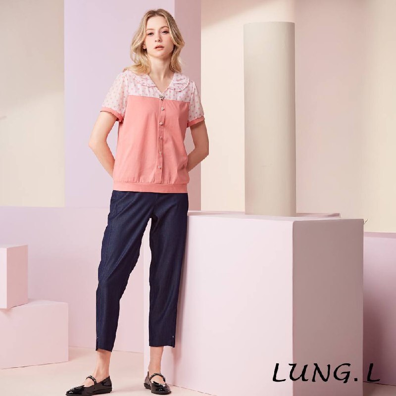[TW] LUNG.L PINK PATCHWORK POLKA DOT PETER PAN COLLAR ELEGANT SHORT-SLEEVED WOMEN'S TOP, LU69A-15 (TLL64)