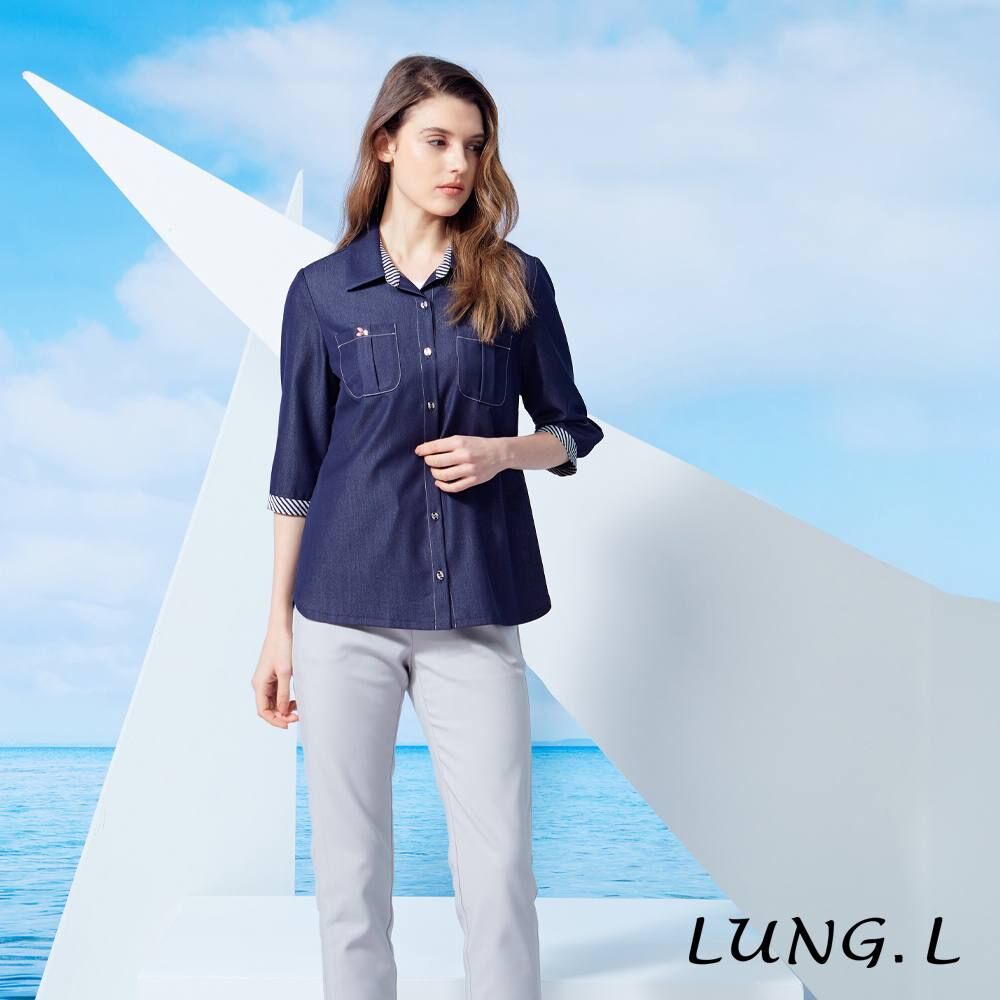 [TW] LUNG.L BLUE FAUX DENIM THREE-QUARTER SLEEVE WOMEN'S SHIRT, LW02C-50 (TLL20)