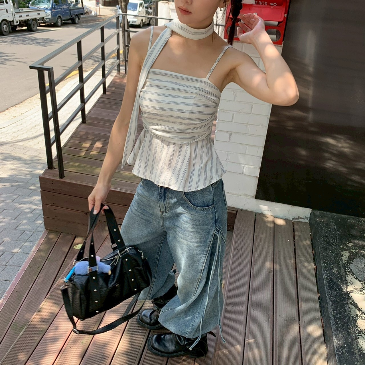ISA_(附繞脖)一秒入夏! 條紋棉麻吊帶娃娃衫_63041