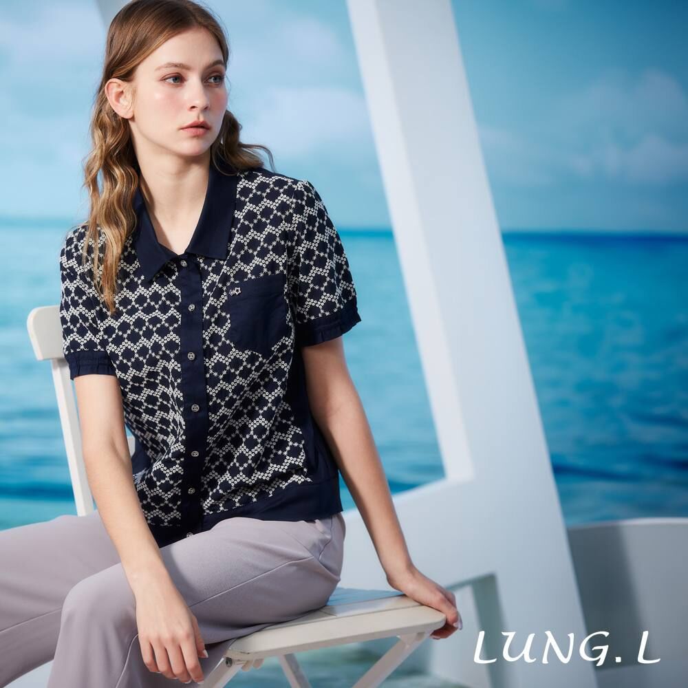 [TW] LUNG.L BLUE GEOMETRIC EMBROIDERY COTTON SHORT-SLEEVE WOMEN'S SHIRT TOP, LR48A-50 (TLL21)