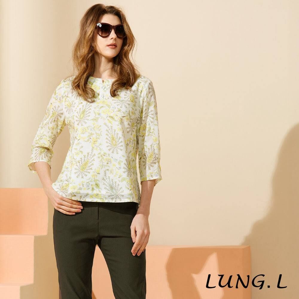 [TW] LUNG.L BEIGE FRESH FLORAL PRINT COTTON THREE-QUARTER SLEEVE WOMEN'S TOP, LU35A-03 (TLL25)