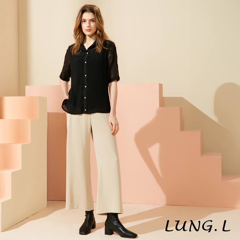 [TW] LUNG.L BLACK PLEATED CHIFFON PATHCWORK EMBROIDERED WILLOW FIVE-SLEEVE WOMEN'S TOP, LU59A-08 (TLL31)
