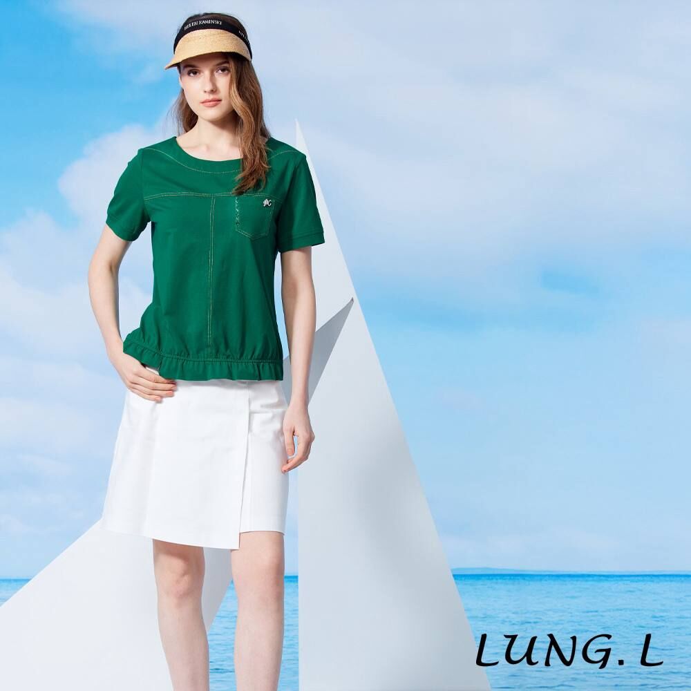 [TW] LUNG.L GREEN AND YELLOW STITCHED BOAT NECK SHORT-SLEEVED COTTON WOMEN'S TOP, LW08A-43 (TLL36)