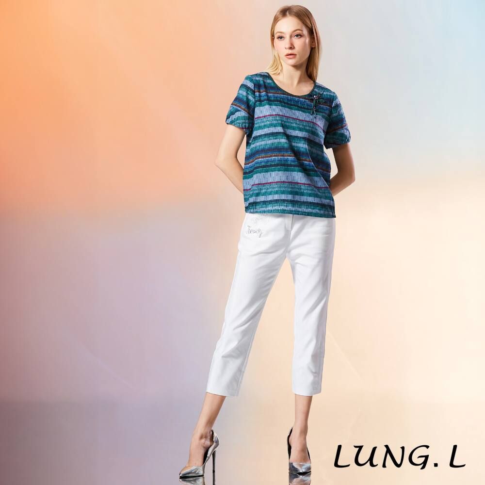 [TW] LUNG.L BLUE-GREEN STRIPED ROUND NECK TIE-WAIST BEADED SHORT-SLEEVE WOMEN'S TOP, LU75A-46 (TLL37)