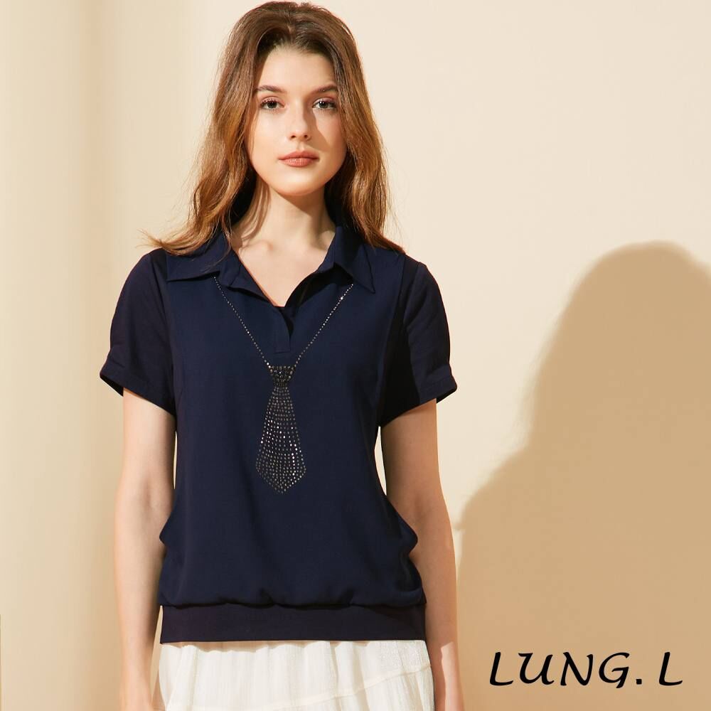 [TW] LUNG.L DARK BLUE CHIFFON PATCHWORK KNIT RHINESTONE TIE FAUX TWO-PIECE SHORT SLEEVED WOMEN'S TOP, LU61A-50 (TLL38)