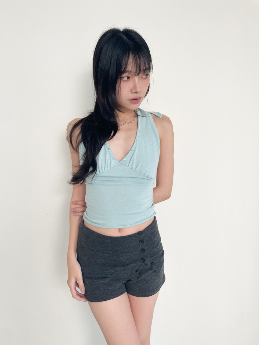 rhinestone trim ruched overlock halter