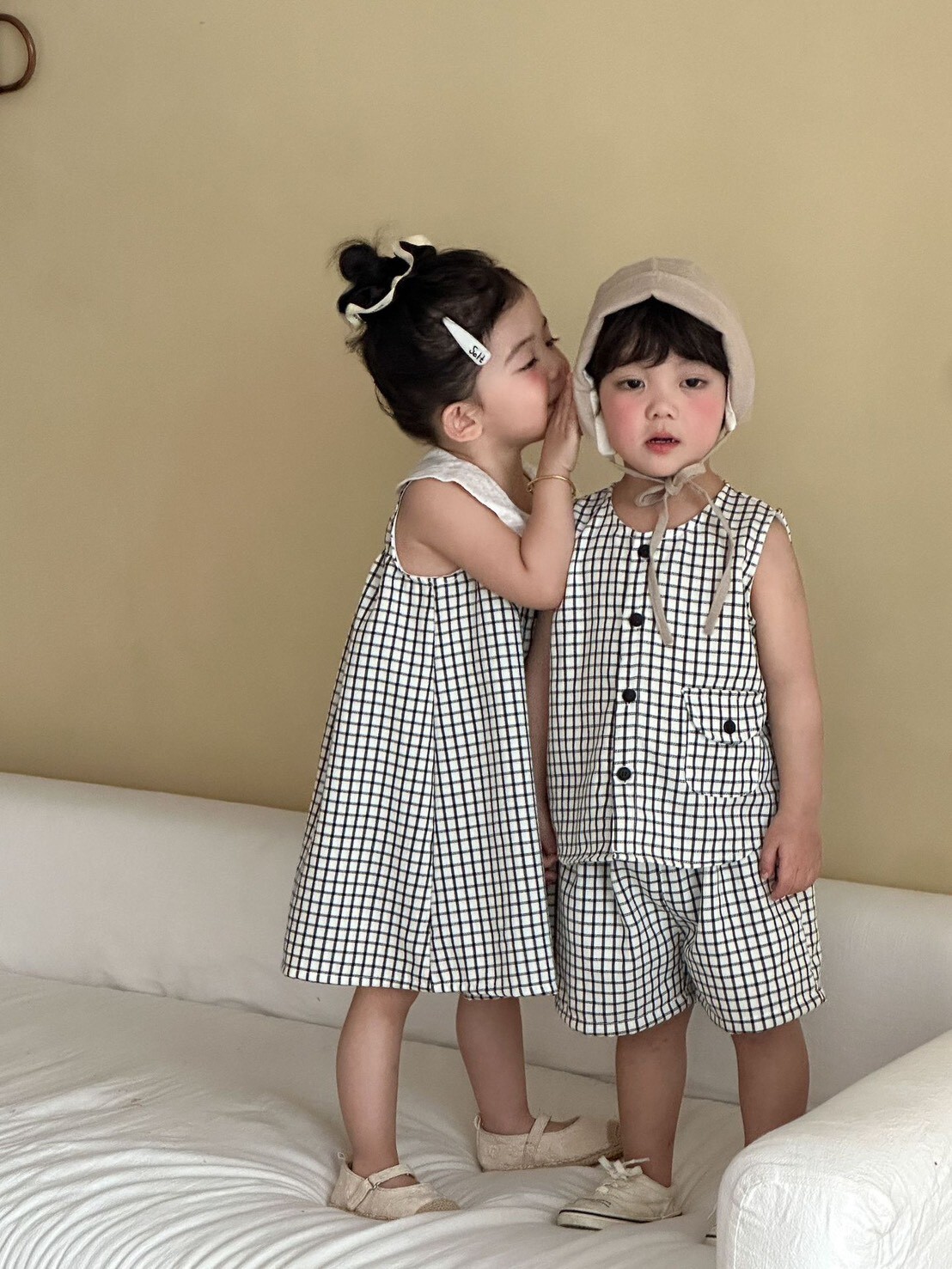大鈕扣黑白格子兄弟姊妹套裝   *﹆ ✴︎