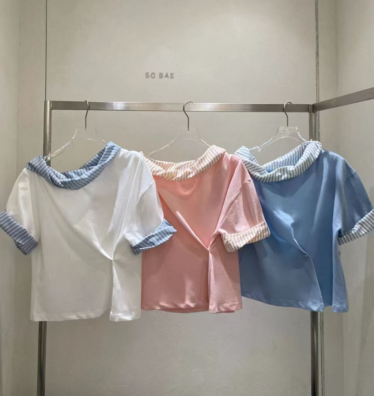 SB6315 條紋卷邊拼摺親膚上衣