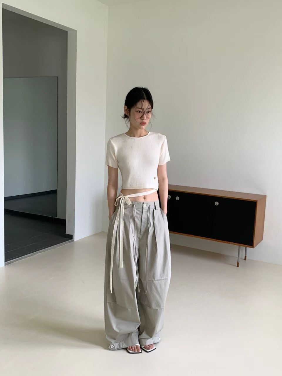 SB6316 心形裝飾短袖針織綁帶上衣
