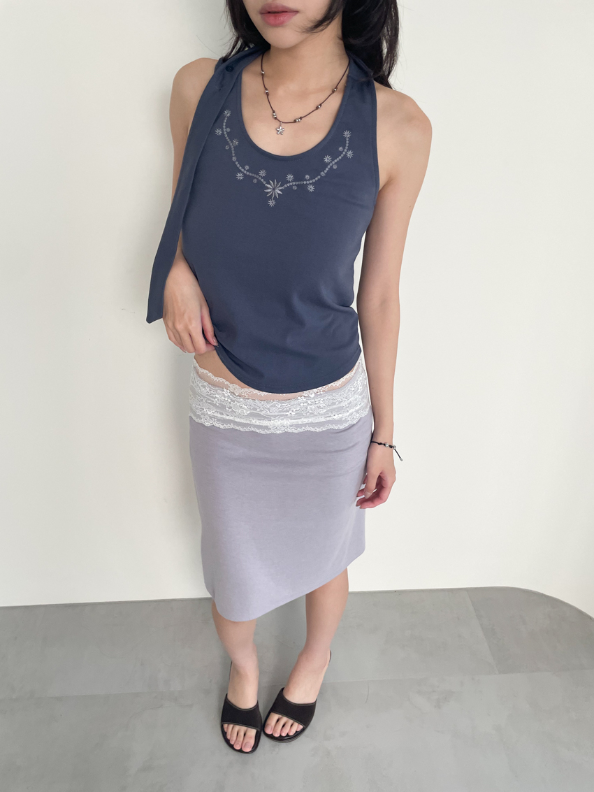 floral embroidery halter curved hem top