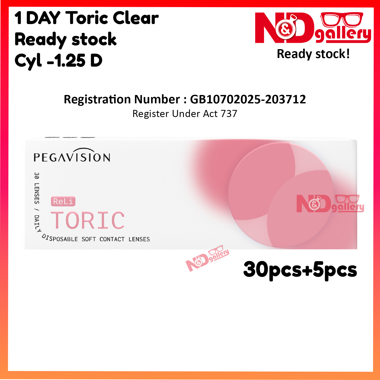 Pegavision Vita Reli 1 Day Clear Toric Contact lens 30pcs+5pcs , Ready stock ( CYL -1.25)