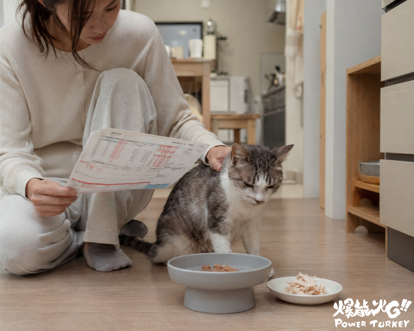 熟齡腎貓面對沒吃完的餐碗,女主人手拿健檢報告在旁擔心陪伴,思考腎貓是否可以吃火雞肉_爆能火G_趕食髦部落格