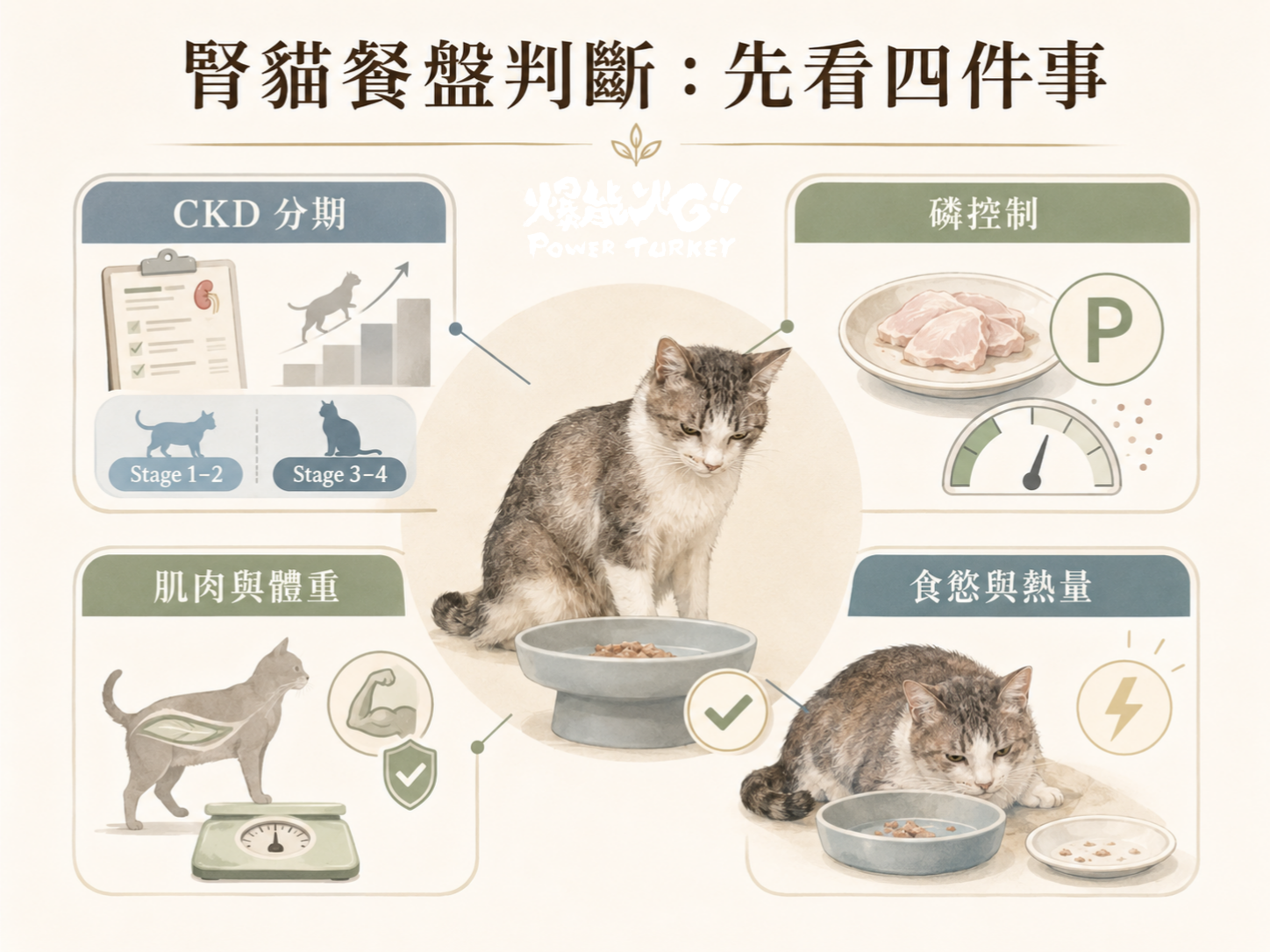 腎貓能不能吃火雞肉的四象限資訊圖,說明與獸醫討論重點包含 CKD 分期、磷控制、肌肉體重與食慾熱量_爆能火G_趕食髦部落格
