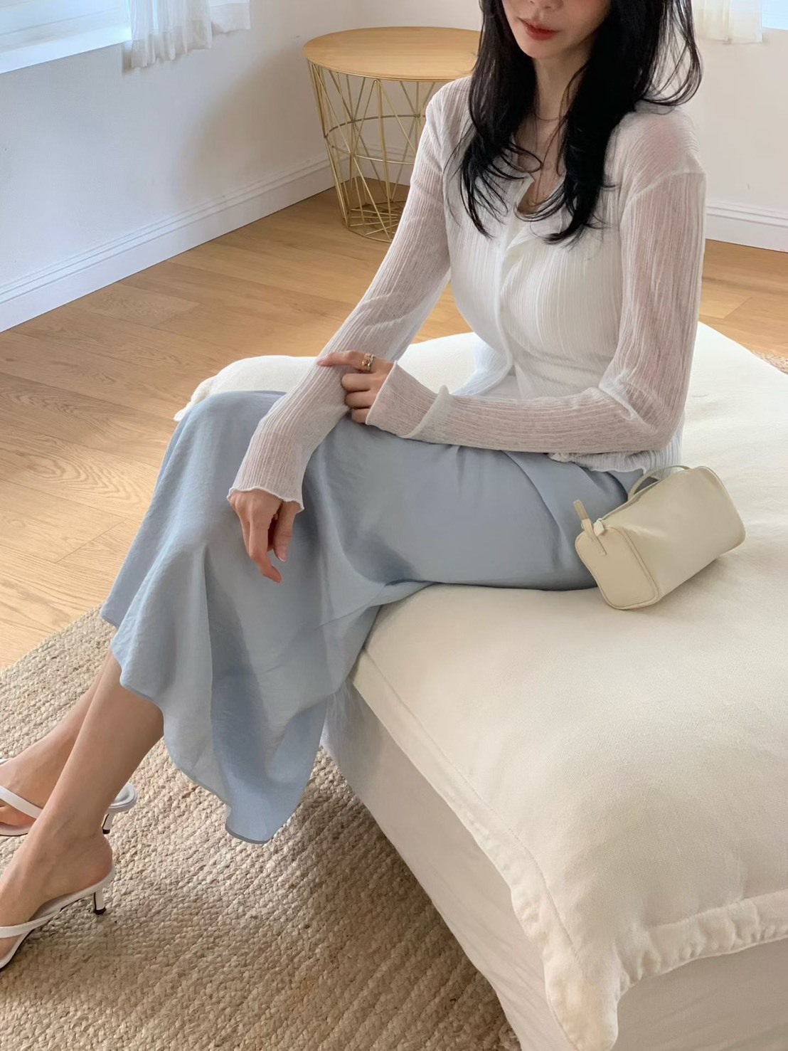 坑條薄針捲邊外套