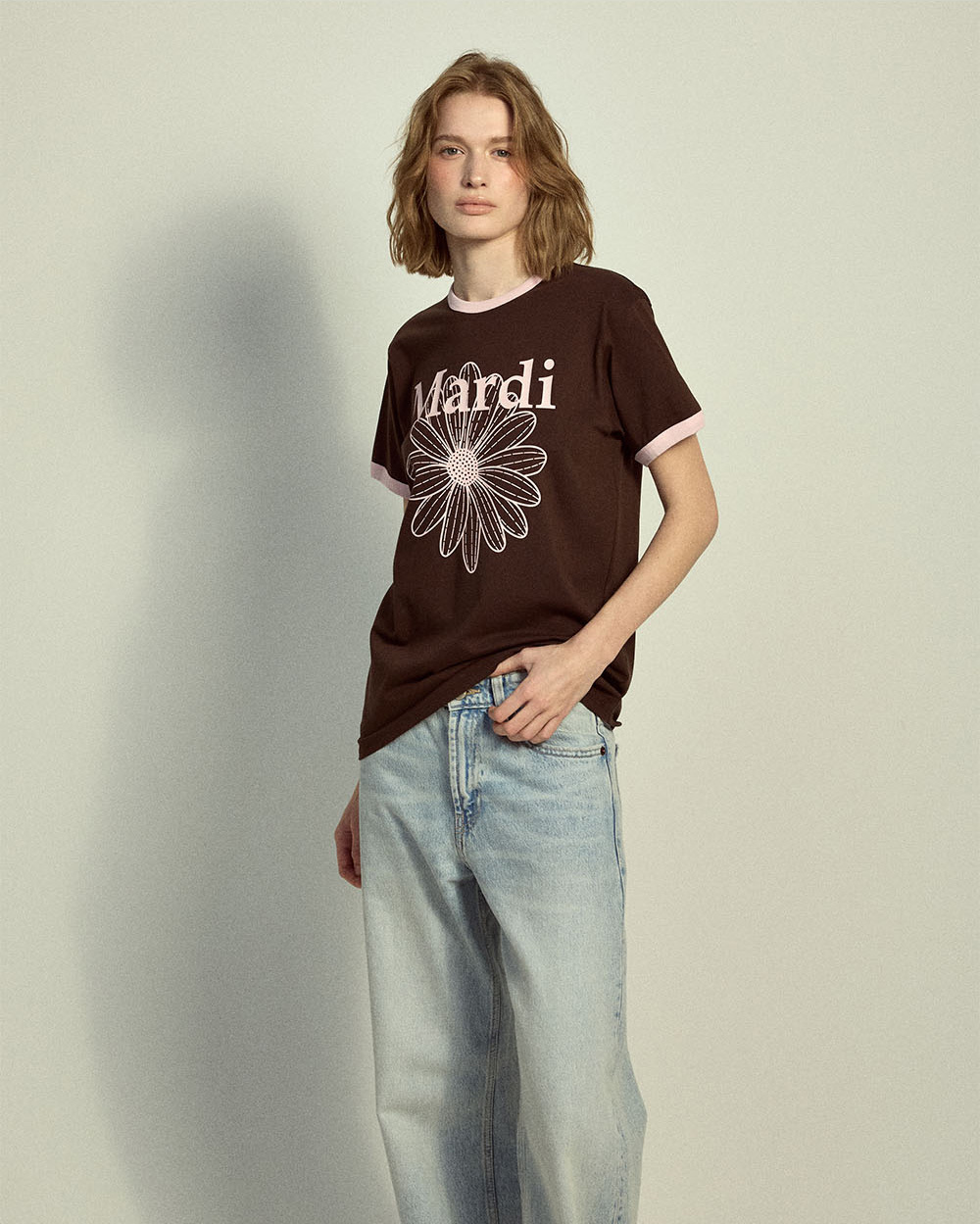 Mardi Mercredi | SLIM RINGER TSHIRT FLOWERMARDI_BROWN PALEPINK