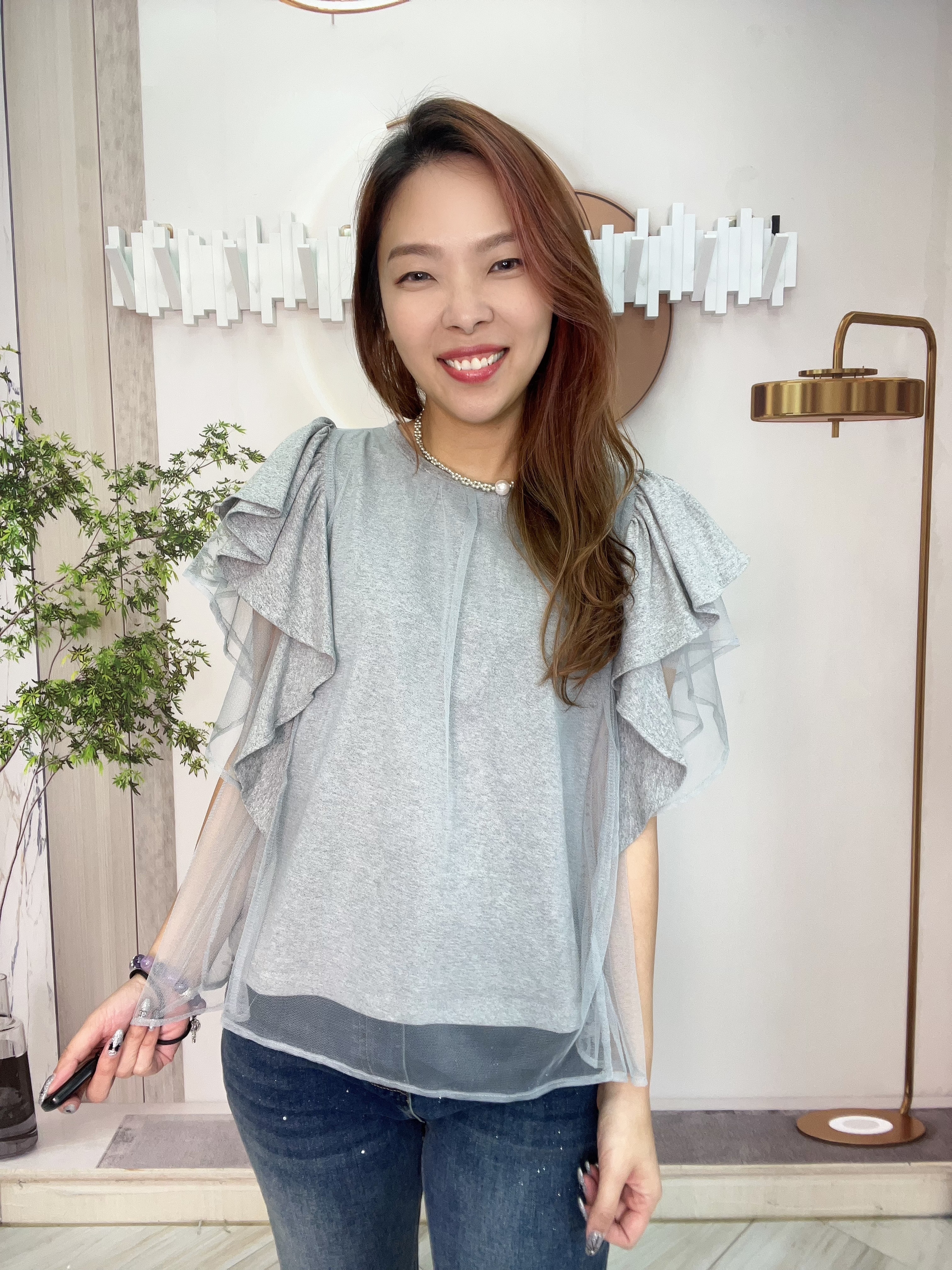 Mar 拼紗布ruffle 袖 top~171E