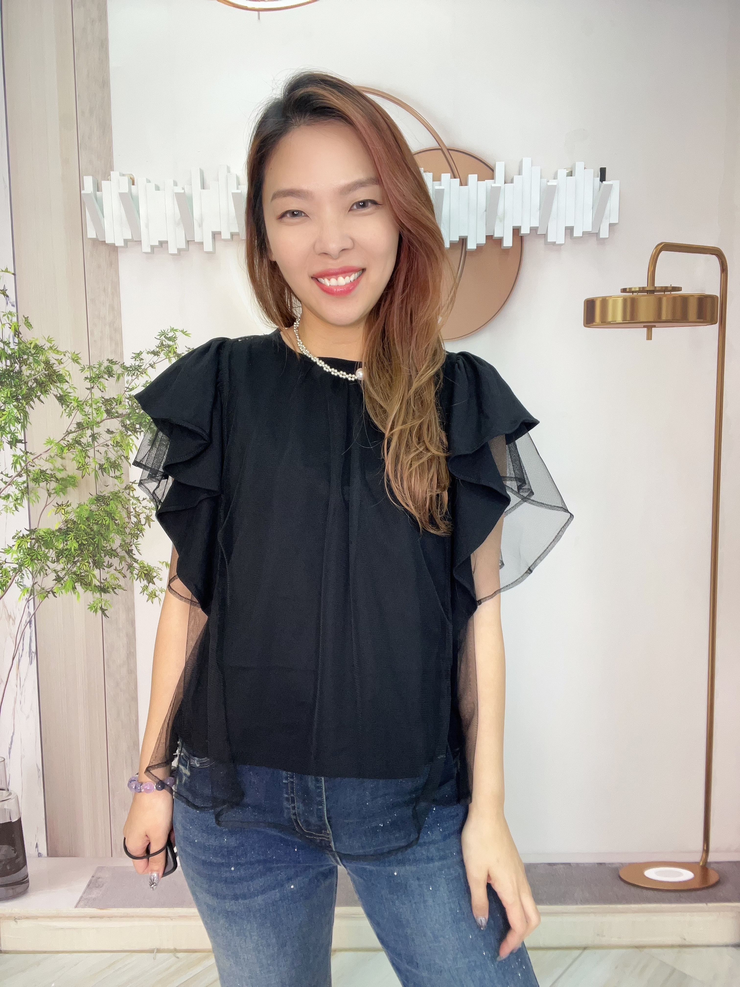 Mar 拼紗布ruffle 袖 top~171E