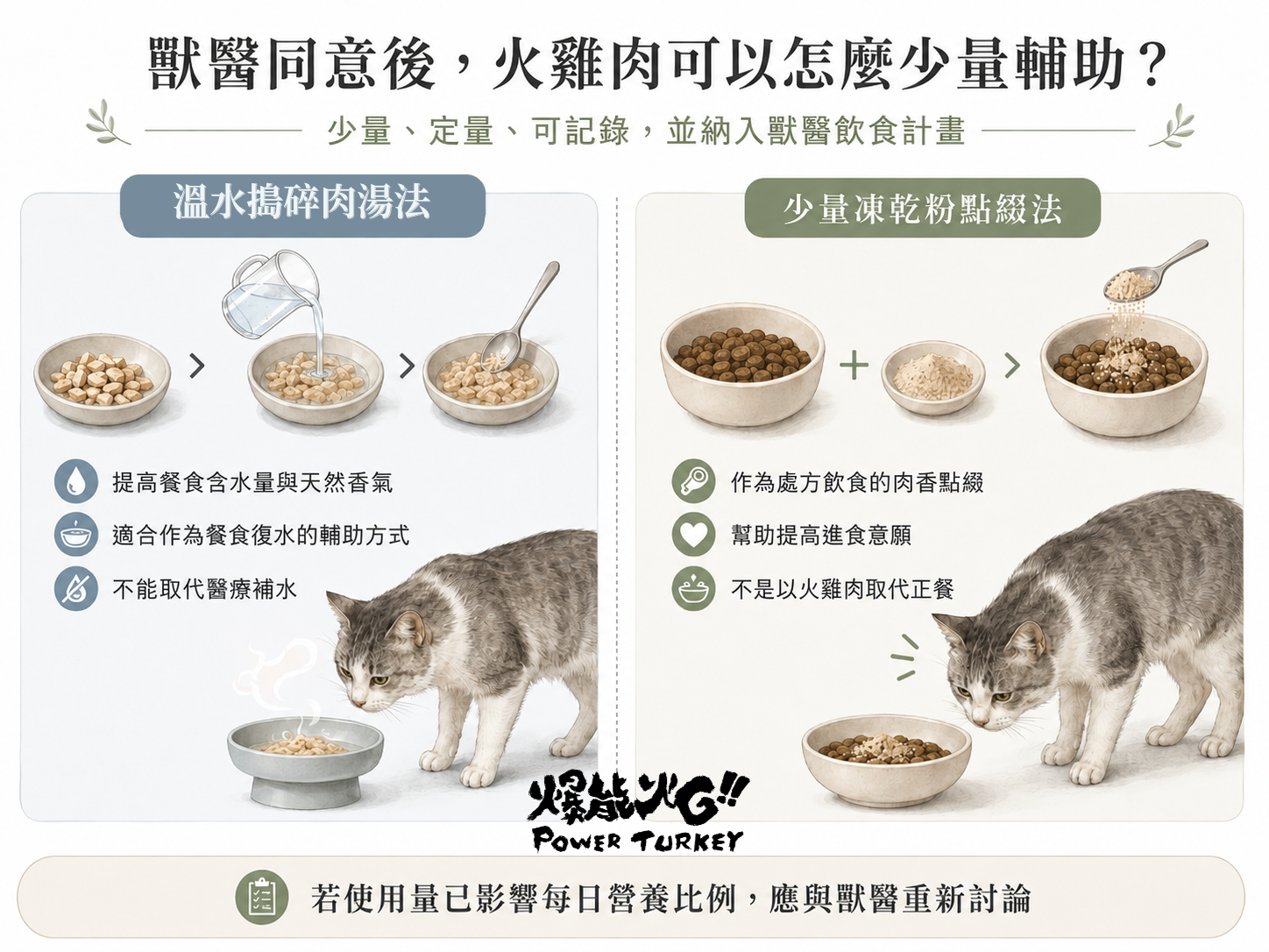 獸醫同意後火雞肉少量輔助腎貓餐盤的資訊圖,說明溫水搗碎肉湯法與少量火雞凍乾粉兩種日常操作方式_爆能火G_趕食髦部落格