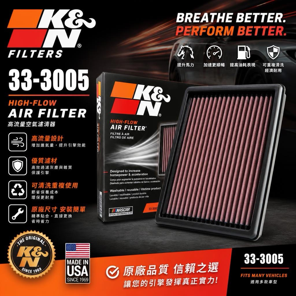 K&N 空氣濾芯 33-3005 適用VW GOLF VII 1.6L 2.0L AUDI A3 TT