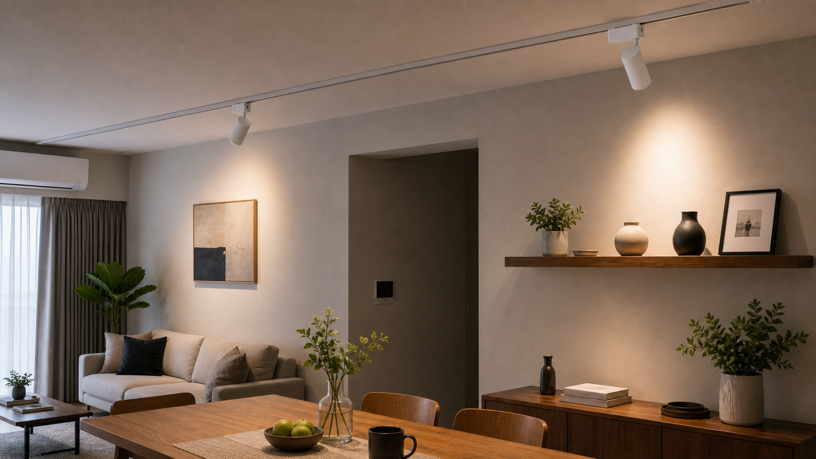 GENTECH 5CCT 撥碼多色軌道燈安裝於居家客餐廳與展示牆，燈頭轉向牆面形成合理光型