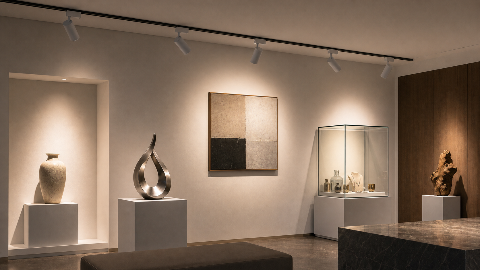 現代藝廊與展示櫃空間使用軌道燈朝向牆面、畫作與展品打光，依不同材質調整色溫