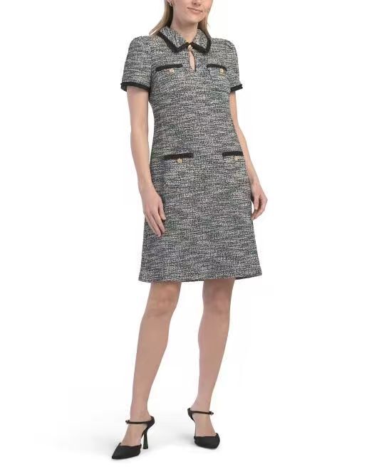【預購】H061630 KARL LAGERFELD 撞色領粗花呢連身裙 (岩石灰)