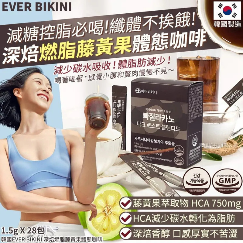 WSBB10667  韓國EVER BIKINI 深焙燃脂藤黃果體態咖啡-1.5gX28包(單盒)（8月中旬）