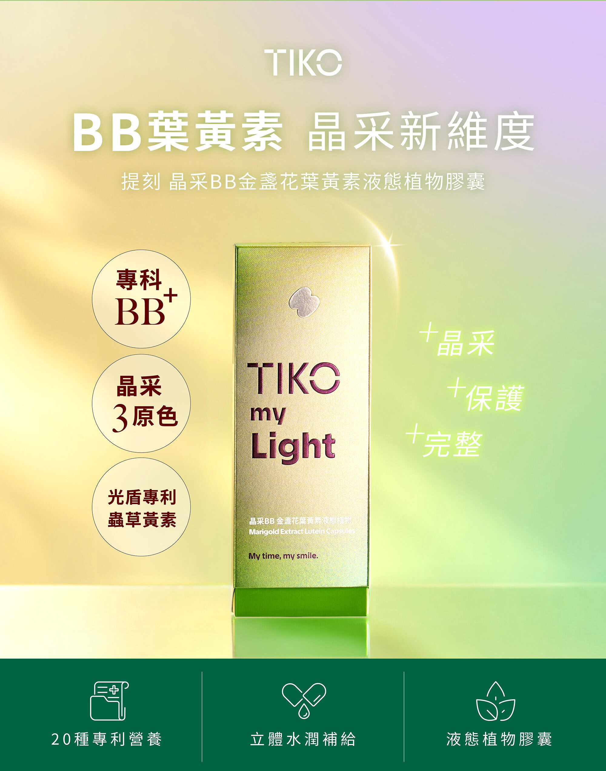 TIKO BB 葉黃素主打專科 BB+、晶采 3 原色與光盾專利,帶來晶采、保護與完整防護。配方富含 20 種專利營養與立體水潤補給,採用純素全植物液態膠囊。
