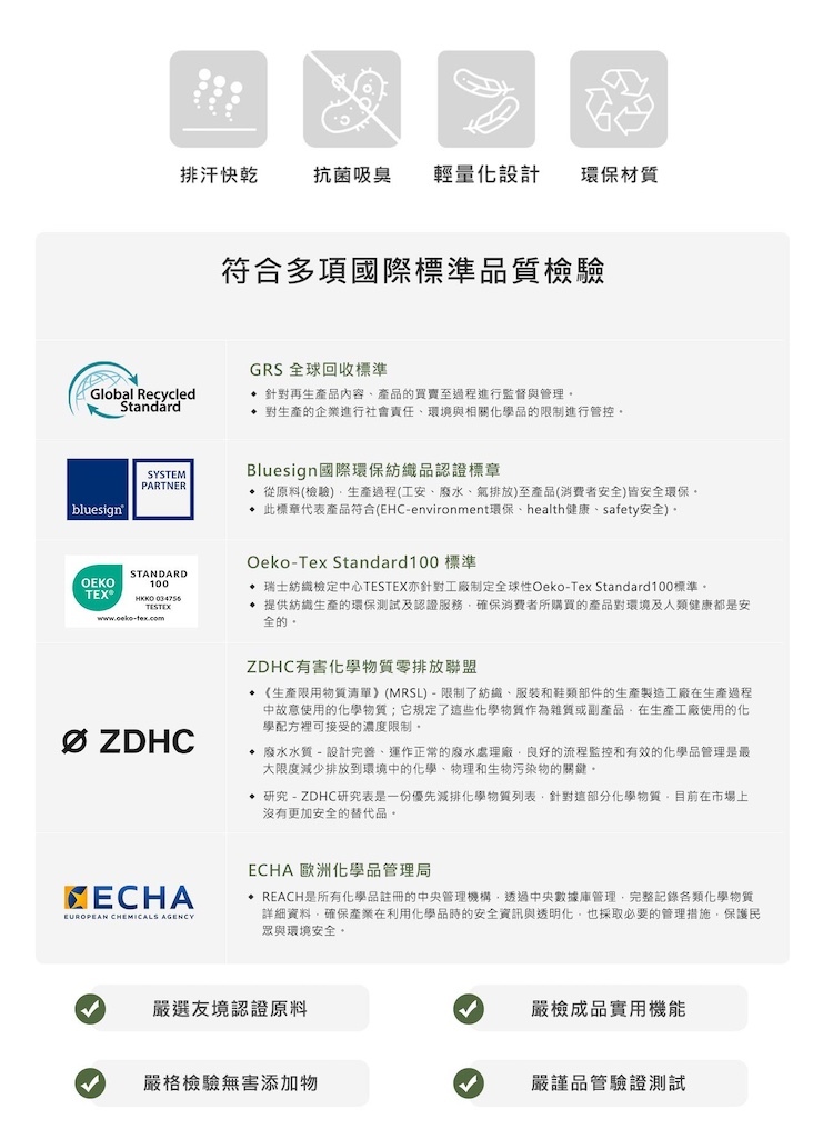 TAKODA-Tipi女款純棉印花短T-符合Bluesign與GRS國際環保認證及排汗抗菌吸臭機能說明