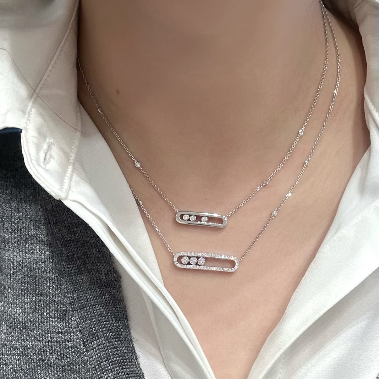 18k”classique 三鑽大號靈動滿鑽/光面項鍊”高奢定製