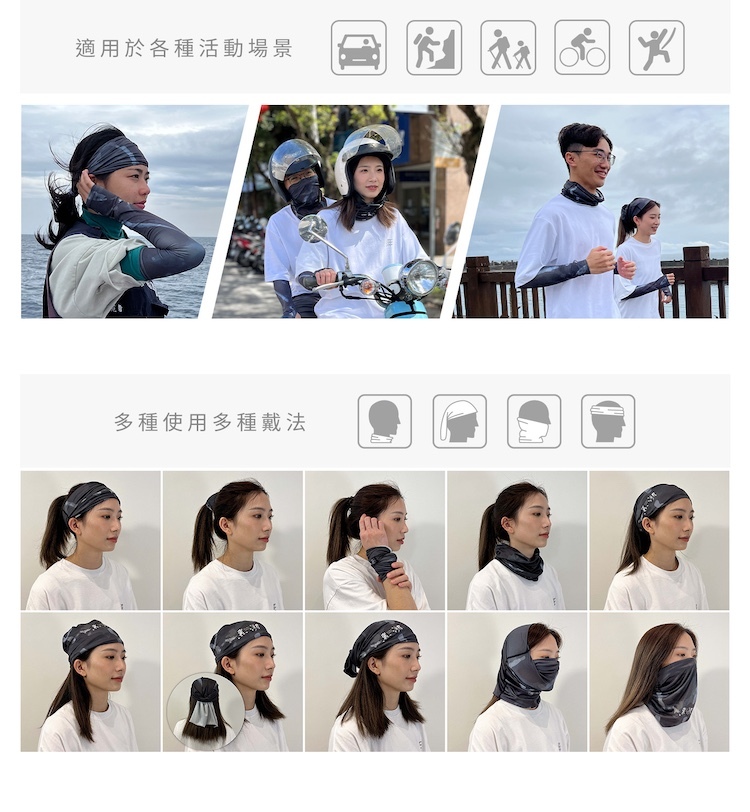 TAKODA-Wiyaka多功能防曬脖圍-戶外登山單車健行活動場景與魔術頭巾多種戴法示範圖