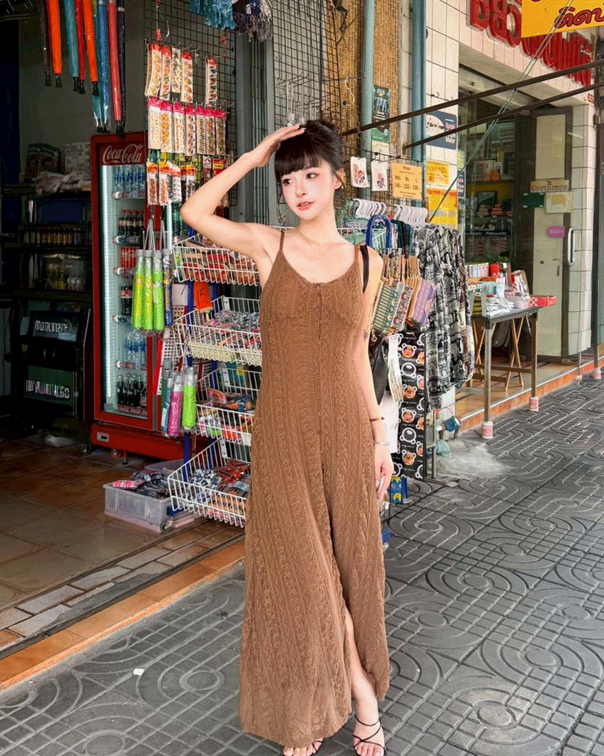 LINA LINA抒情浪漫滿版蕾絲花紋排釦洋裝-摩卡咖