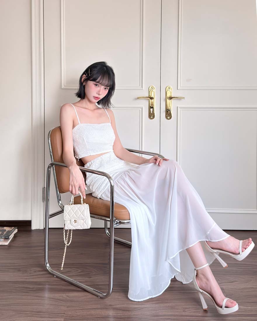 LINA LINA動人繆思縷空織紋上衣長裙兩件組-仙氣白