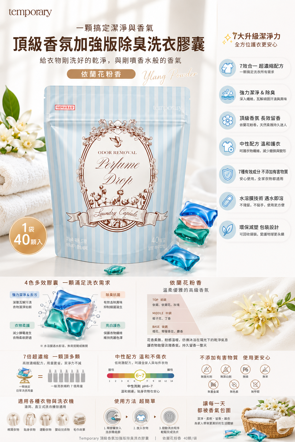 韓國 Temporary 頂級香氛加強版除臭洗衣膠囊40顆/袋-依蘭花粉香